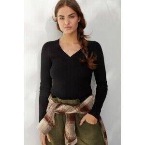 Black Anthropologie Maeve V-Neck Ribbed Long Sleeve Pullover Knit Sweater (NWT)